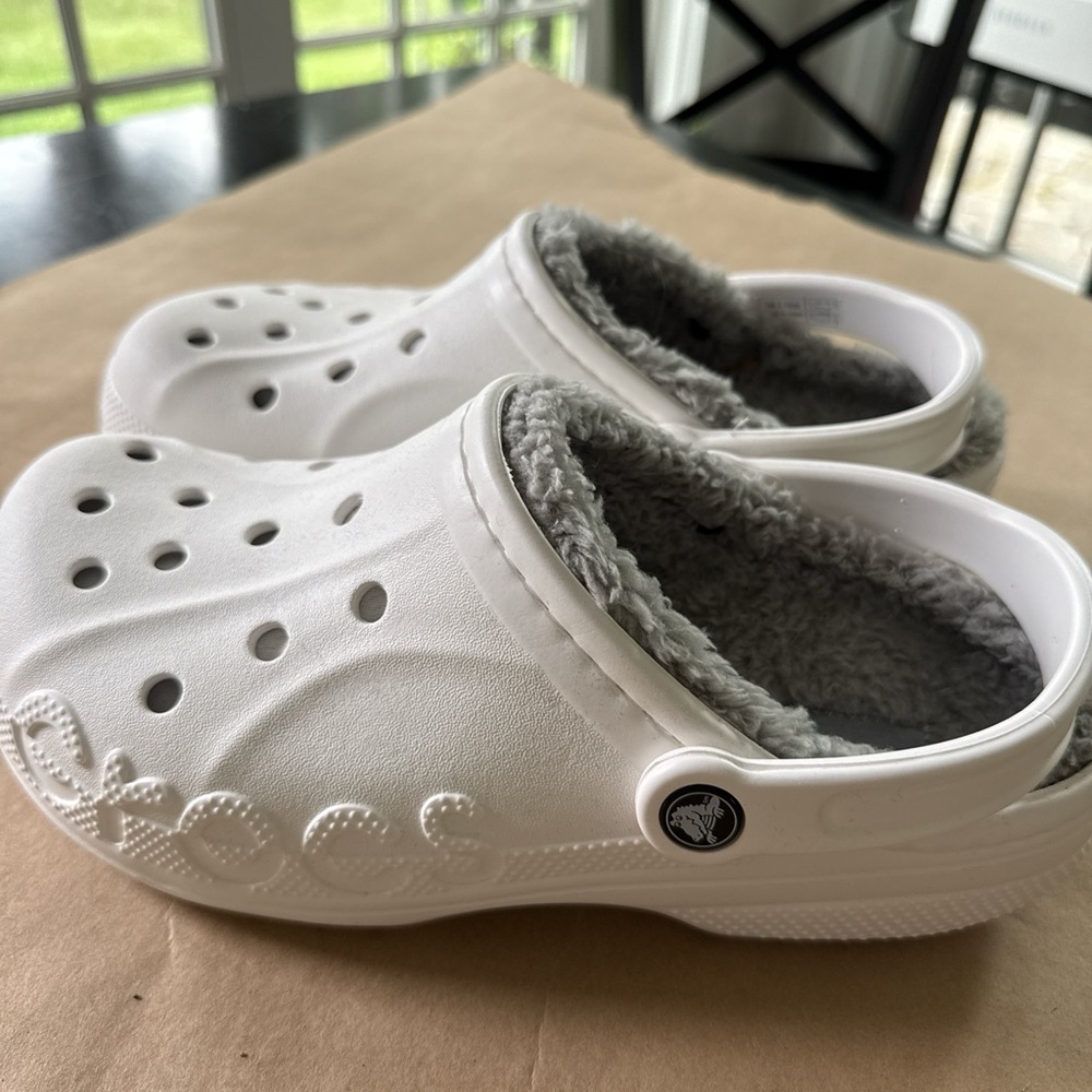 Crocs White Fuzzy Line Clogs
